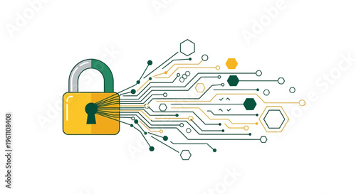 Digital padlock symbol representing data security and network protection with glowing technological connections and abstract circuit patterns