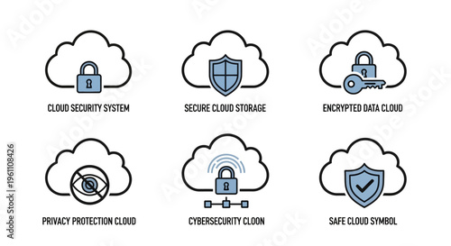 Collection of digital cloud security icons representing data protection and network safeguarding including encrypted storage and privacy concepts