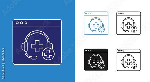 Medical support icons with headsets and crosses