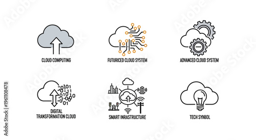 Set of line art icons representing cloud based technology services including data storage digital transformation and smart infrastructure concepts