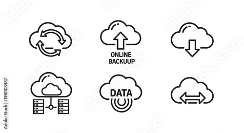 Collection of cloud computing icons representing digital storage synchronization upload download and data transfer services for network technology