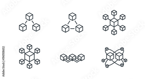 Minimalist isometric diagrams depicting various connected cube structures, showcasing connections, networks, relationships, data flows, and technological concepts within a business and digit