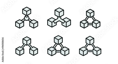 A detailed, stylized graphic compilation showcasing diverse 3D cube networks in an isometric perspective, designed for visual representation of interconnected concepts, systems and data flow