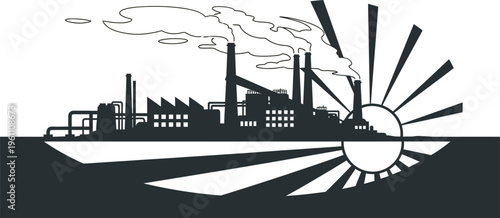 A stark silhouette illustration portraying an industrial factory with smoking chimneys and a powerful rising sun, symbolizing energy production and environmental impact at dawn.