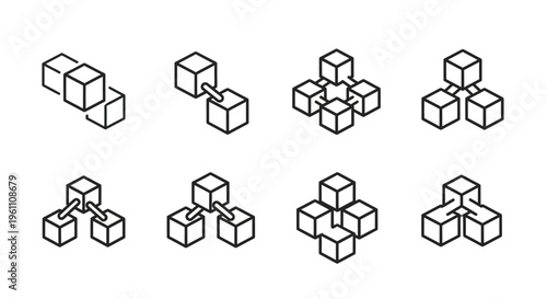 Isometric arrangement of interconnected cube structures in a clean, minimalist, line art style, showcasing abstract design variations for data organization, network concepts, and architectur
