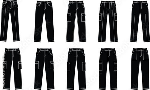 Black silhouette set of various trousers and cargo pants templates for fashion design isolated on white background for apparel industry.