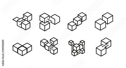 Abstract minimalist vector graphic set of interlocking modular cube shapes on a white background, demonstrating geometric design and 3D modeling, evoking a sense of connection and creativity