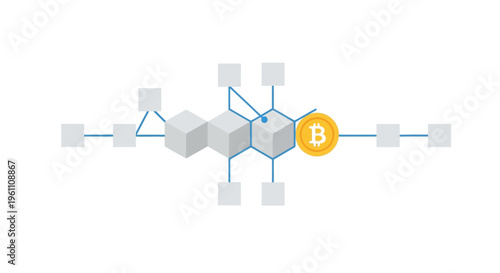 Digital currency network with interconnected blocks and a central coin symbol representing financial transactions and data security