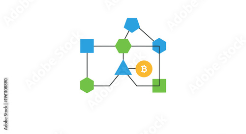 Decentralized Network Structure With Geometric Shapes And Cryptocurrency Symbol Representing Digital Finance And Blockchain Technology