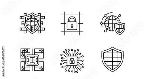 Set of six minimalist line art style cybersecurity and data protection icons, representing digital shields, locked padlocks, and interconnected global elements, showcasing internet safety an