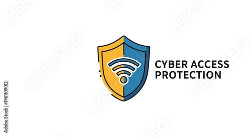 A vector graphic showcases a cyber access protection concept, featuring a shield with a Wi-Fi symbol at its core, colored in vibrant blue and yellow, indicating reliable and safe internet co