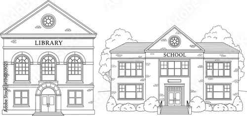 Library and School Building Illustration Set with Educational Architecture in Detailed Line Art Style for Learning, Academic, and Institution Design