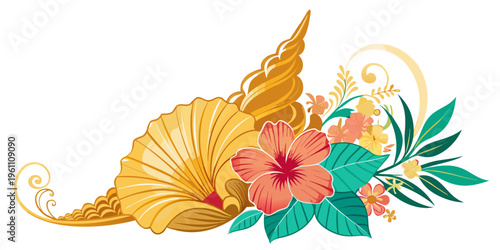 Tropical hibiscus flowers and golden seashells composition, vector