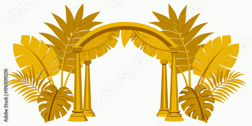 Golden tropical archway with exotic palm leaves, vector