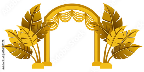 Elegant golden ceremonial arch with tropical leaves and drapes, vector