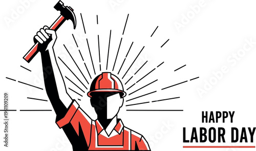 Minimalist line art illustration featuring a dedicated construction worker in a hard hat raising a hammer, celebrating the spirit of labor day