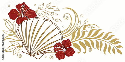 Tropical seashell with red hibiscus flowers and gold leaves, vector