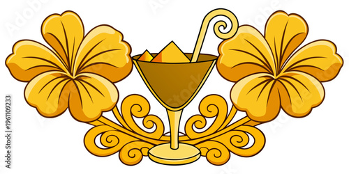 Golden tropical cocktail with hibiscus flowers and ornate swirls, vector