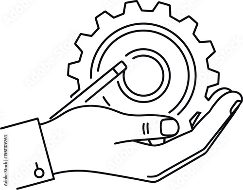 Hand holding a mechanical gear with a pencil actively drawing or refining its internal structure representing concepts of design, engineering, development, and thoughtful service.