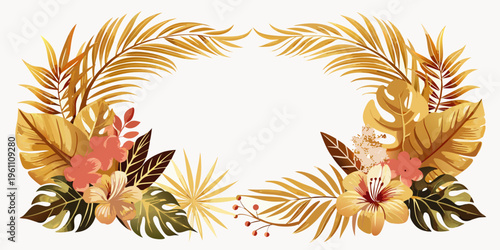 Tropical floral border with gold palm and monstera leaves, vector