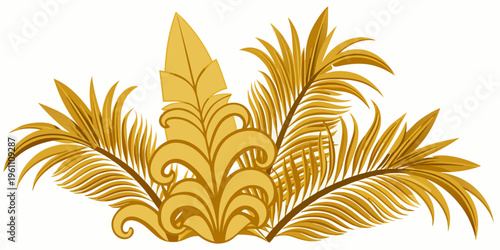 Golden tropical palm leaves and ornamental scrollwork, vector