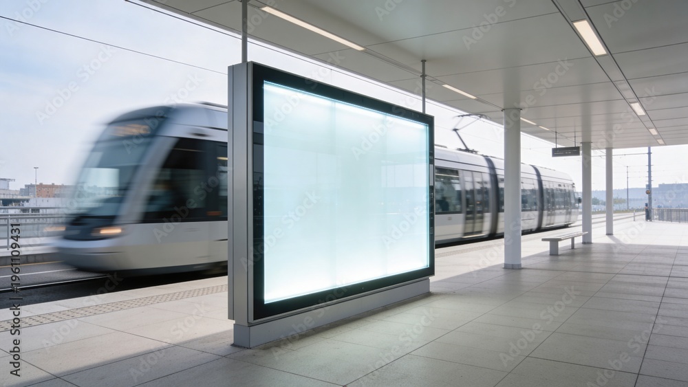 Obraz premium A modern train station with a blank advertising panel. A light rail train is passing by on the tracks. The station has a clean, minimalist design.