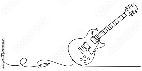 Continuous line drawing of an electric guitar with its cable and jack on white background Vector, illustration