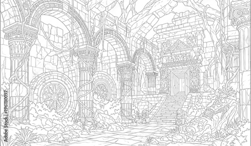 Ancient stone ruins overgrown with vines line art