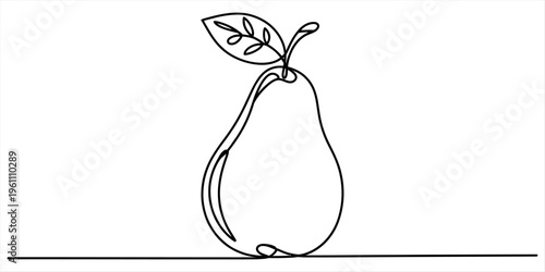 Continuous one line drawing of a fresh pear fruit with leaf on white background Vector, illustration