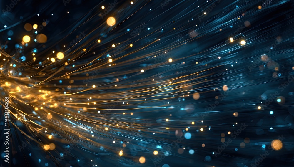Fototapeta premium Abstract glowing golden particles trail through ethereal blue energy strands