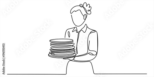 Continuous line drawing of a waitress or domestic worker holding a stack of clean plates Vector, illustration
