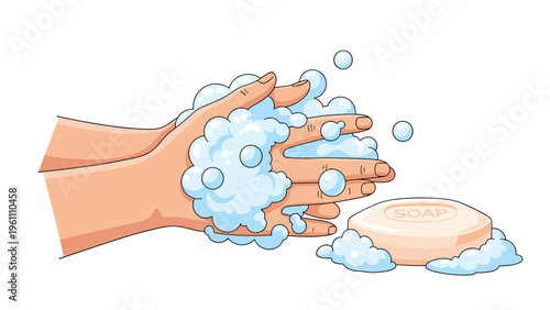 Detailed illustration showing hands being thoroughly washed with a bar of soap creating a rich lather of blue and white bubbles for hygiene.