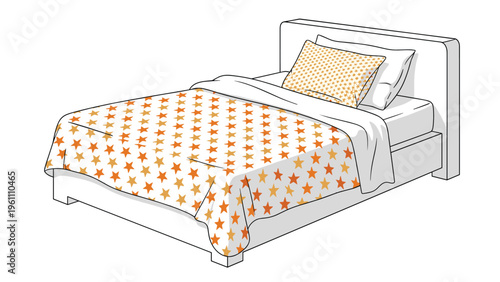 Neat bedroom setup featuring a comfortable bed with white linens and a bright orange and yellow star-patterned quilt and pillow.
