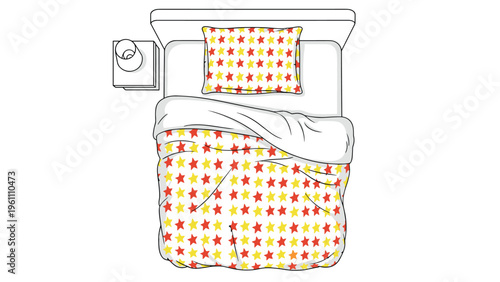 Top-down view of a modern bed featuring colorful red, orange, and yellow star-patterned linens and a nightstand with a lamp.