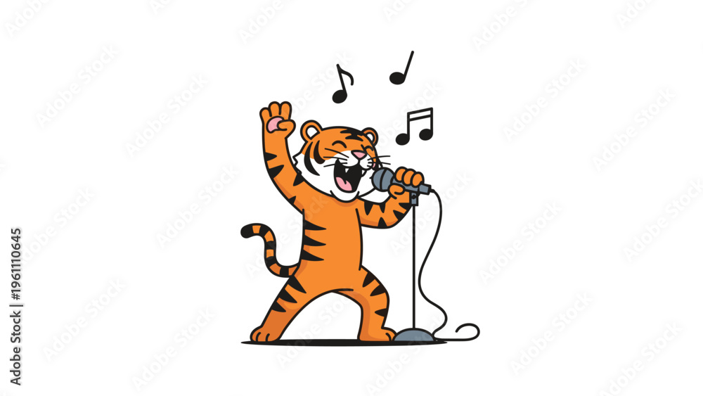 Obraz premium Happy tiger character singing with a microphone and musical notes floating around it for entertainment and music themes.
