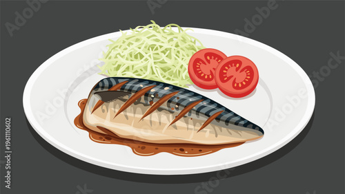 Grilled mackerel fillet served with shredded cabbage and tomato slices on a white plate with savory brown sauce.