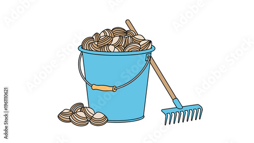 Blue bucket filled to the brim with fresh clams sitting next to a blue rake for a pleasant day at the beach concept.