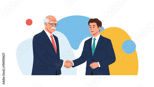 Senior businessman shaking hands with a younger professional in front of colorful abstract background design shapes.