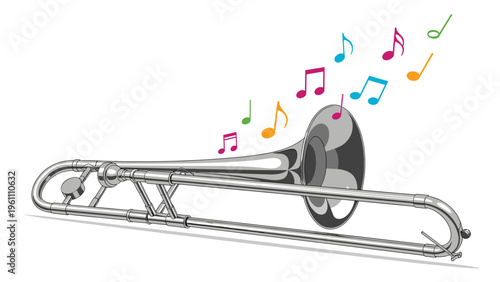 Shiny silver trombone with vibrant colorful music notes floating from the bell against a plain white background.
