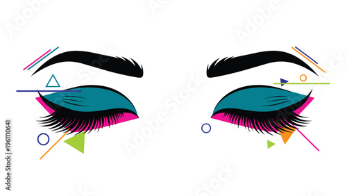 Artistic illustration of closed eyes with teal eyeshadow and pink eyeliner surrounded by colorful geometric shapes and lines.