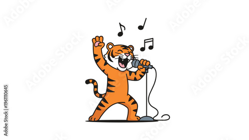 Happy tiger character singing with a microphone and musical notes floating around it for entertainment and music themes.
