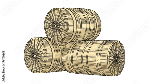 Three large cylindrical bales wrapped in straw stacked in a pyramid against a plain white background for rustic concepts.