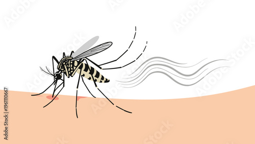 Close-up illustration of a mosquito biting human skin with a trail of wavy lines symbolizing blood or disease transmission.