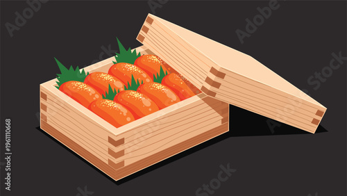 Golden brown fried chicken pieces arranged in a traditional wooden bento box against a dark background for food themes.