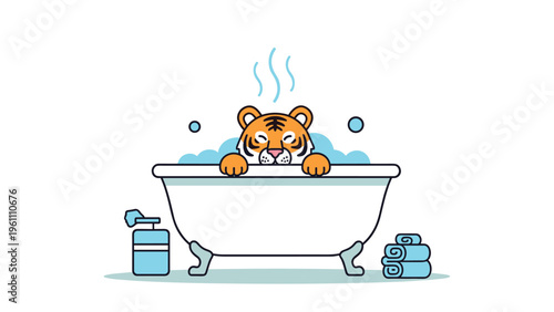 Happy tiger character taking a warm bubble bath in a white tub with blue towels and a soap dispenser nearby.