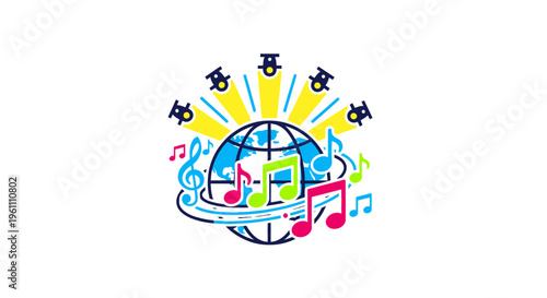 Colorful Music Notes Around Globe Icon.