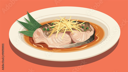 Traditional chinese steamed fish steak served in a savory soy-based sauce and garnished with julienned ginger and chopped green onions.