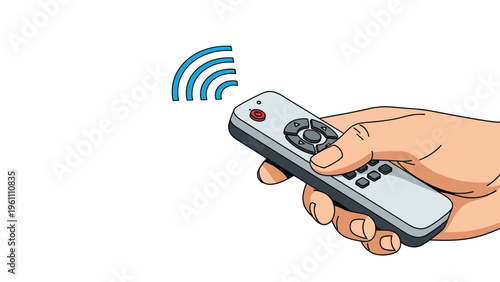 Close-up of a person's hand holding a remote control and pointing it towards a device with blue wireless signal waves emanating from it.
