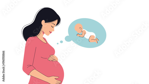 Pregnant woman in a pink dress standing and gently touching her belly while dreaming about a newborn baby in a thought bubble.