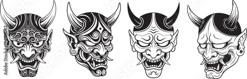 Oni Mask Tattoo Collection – Japanese Demon Mask Blackwork Vector Set